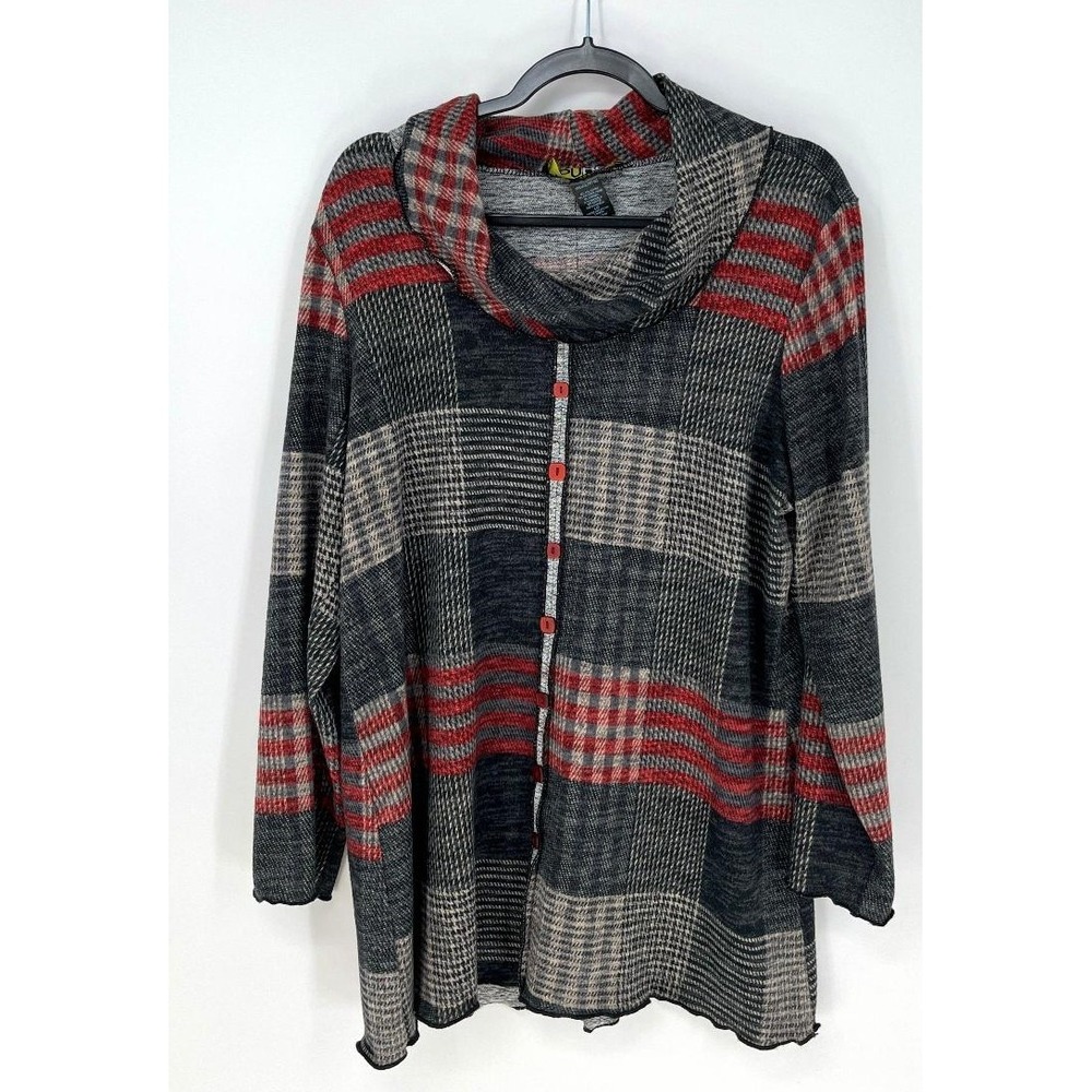PURE Essence Womens Plaid Cowl Neck Tunic Size L Teacher Artsy Lagenlook Office